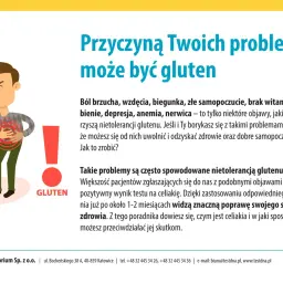 Ilustracja przedstawia mężczyznę z bólem brzucha, symbolizującym objawy nietolerancji glutenu.