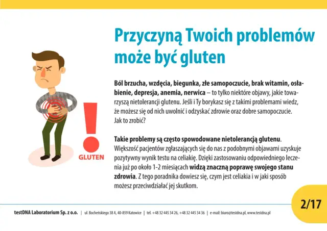 Ilustracja przedstawia mężczyznę z bólem brzucha, symbolizującym objawy nietolerancji glutenu.